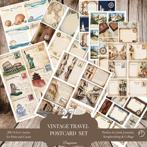 Vintage reisdagboekset afdrukbaar, junkjournal Ephemera Pack, kust- en stadsthema's, retro ansichtkaarten, tags voor scrapbooking
