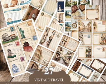 May include: A set of 27 vintage travel postcards with various designs, including coastal scenes, landmarks, and maps. The postcards are printed on 8.5x11 inch paper and are suitable for junk journals, scrapbooking, and collage projects.
