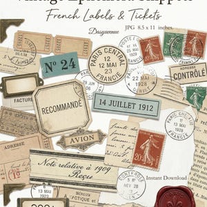 Pode incluir: Uma colagem de recortes de efemérides vintage, incluindo etiquetas, bilhetes e selos franceses. O design apresenta texturas de papel envelhecido, várias fontes e elementos decorativos. O texto inclui "Vintage Ephemera Snippets" e "French Labels & Tickets."
