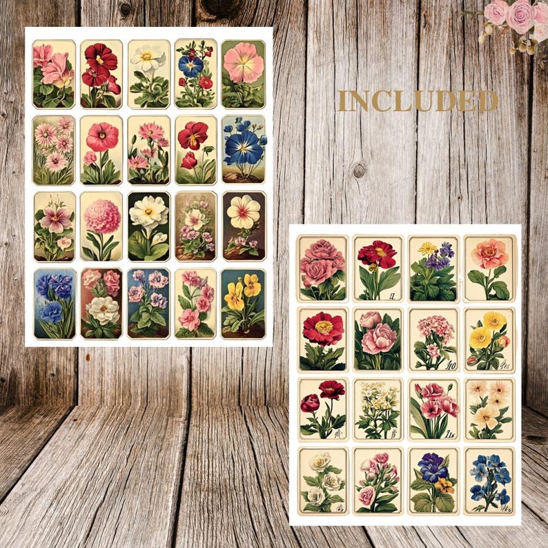 May include: A set of 24 vintage floral digital paper images. The images feature a variety of flowers in different colors and arrangements. The images are perfect for scrapbooking, card making, and other craft projects.