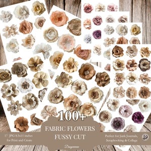 Può includere: Una collezione di oltre 100 fiori di tessuto in varie dimensioni e colori, tra cui crema, marrone e pesca. I fiori sono disposti su fogli di carta bianca. Il testo sull'immagine recita "Fabric Flowers" e "Fussy Cut".