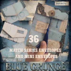 May include: A collection of blue grunge style envelopes and mini envelopes featuring vintage postal stamps, black lace patterns, and text including DASYAVENUE, 36 MATCH SERIES ENVELOPES AND MINI ENVELOPES, and BLUE GRUNGE. A blue tassel is attached.