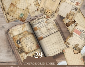 29 Vintage Grid Lined Papers | Shabby Chic Printable Journal Pages | Grungy Ephemera Backgrounds | Junk Journal, Scrapbooking, Collage
