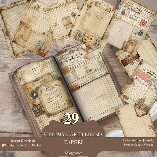 29 Vintage Grid Lined Papers | Shabby Chic Printable Journal Pages | Grungy Ephemera Backgrounds | Junk Journal, Scrapbooking, Collage