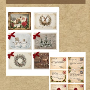 May include: A collection of printable Christmas-themed stationery featuring six cards with festive imagery like Santa, snowmen, deer, and wreaths, plus six letters to Santa with vintage paper textures, red wax seals, and handwritten-style text.