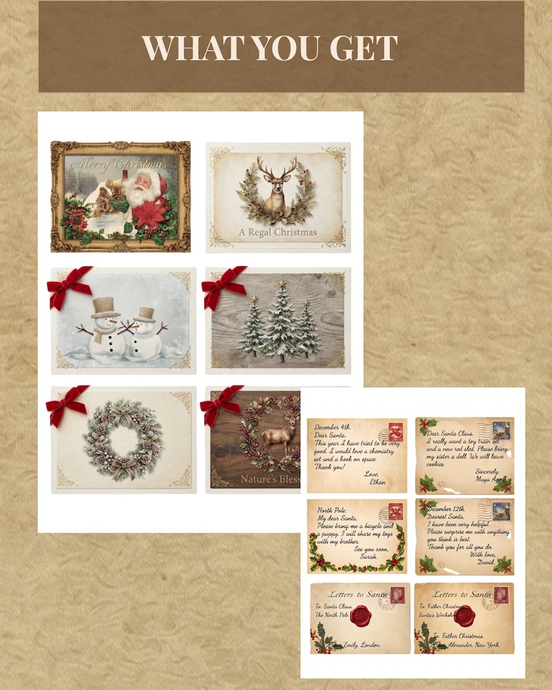 May include: A collection of printable Christmas-themed stationery featuring six cards with festive imagery like Santa, snowmen, deer, and wreaths, plus six letters to Santa with vintage paper textures, red wax seals, and handwritten-style text.