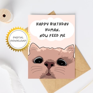 Biglietto di auguri di compleanno per gatti divertenti stampabili - Nutrimi umano / Biglietto di auguri per proprietari di gatti / Biglietto di auguri per gattara pazza / Biglietto da gatto / Gatto affamato