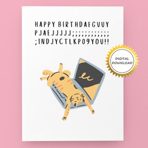 Carte d'anniversaire drôle de chat à imprimer - Chat allongé sur un ordinateur portable | Téléchargement instantané - Carte d'anniversaire numérique | Imprimer à la maison | Cadeau pour amoureux des chats