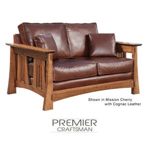 OakPark Leather Mission Loveseat Stickley Style Canted Settle