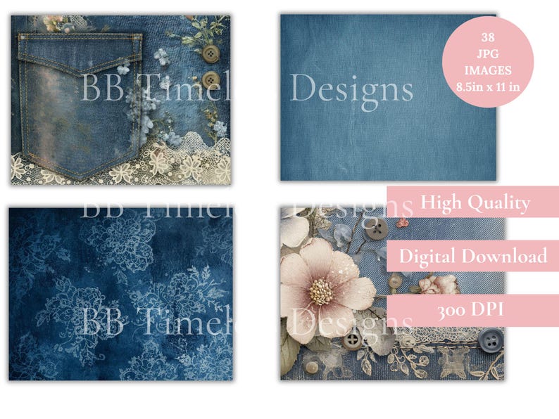 Vintage Denim Junk Journal Printable Kit – Denim & Lace Background ...