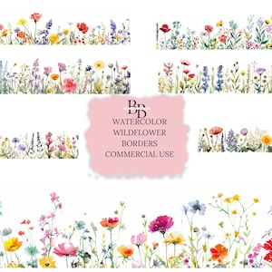 Wildflowers Border Clipart PNG, Watercolor Summer Flowers Clipart, Wildflower Watercolour Borders, Digital Download Flower, Junk Journal