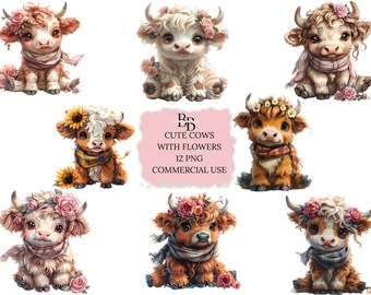 Cute Highland Flower Cow Png, Sublimation Design, Cows with flowers Cute Cow Clipart, Cow Digital Image, Floral Cow, Instant Download Bundle