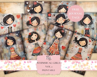 May include: A set of printable whimsical girl illustrations with hearts and confetti. The illustrations are in a collage style with a mixed media look. The text "Whimsical Girls Vol 2 Printable" is at the bottom of the image.