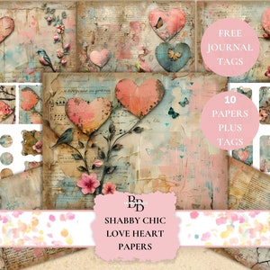 Shabby Chic Heart Junk Journal Pages: Vintage Ephemera (Digital Art)