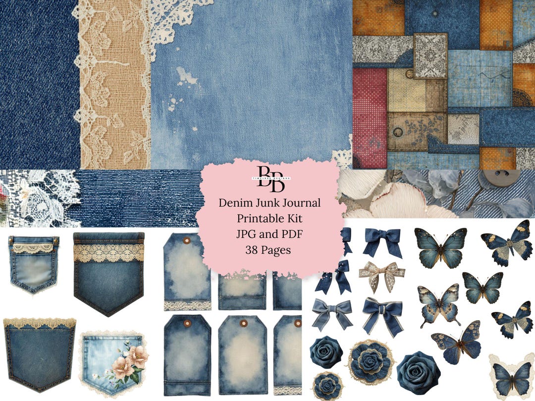 Vintage Denim Junk Journal Printable Kit – Denim & Lace Background ...