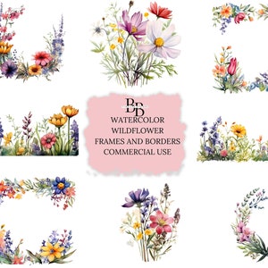 Watercolor Wildflower Clipart: Floral Frames & Bouquets (PNG Digital Download)