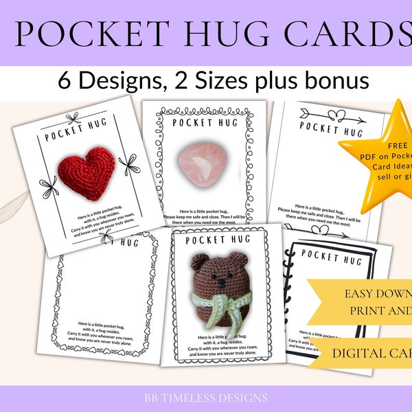 Printable Pocket Hug Cards Template,Backing Pocket Card Printing,Pocket Hug Heart, Pocket Hug Tag, Hug Printable for Crochet,Pocket Bear Hug