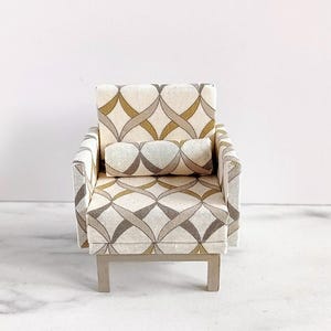 Modern upholstered furniture armchair, green grey beige pattern wood legs. Handmade upholstered fabric miniature chair 1:12 1/12 dollhouse