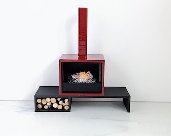 Modern dollhouse fireplace. Working wood fire on battery with hearth and dresser/ credenza. 1/12 1:12 matt black and red design replica