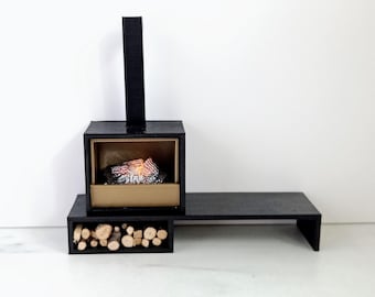 Modern dollhouse fireplace. Working wood fire on battery with hearth and dresser/ credenza. 1/12 1:12 matt black and bronze design replica