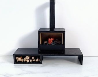 Modern dollhouse fireplace. Working wood fire on battery with hearth and dresser/ credenza. 1/12 1:12 matt black and bronze design replica