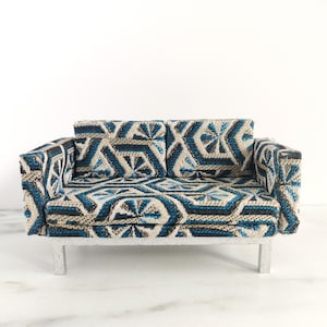 Dollhouse art deco sofa. Blue couch with silver. Art noveau handmade sofa 1:12 1/12. Miniature fabric sofa