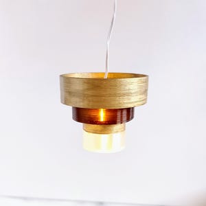 Modern dollhouse luxury hanging lamp. Tiered chandelier brown transparent gold 1:12 1/12. Working LED lampshade battery operated miniature