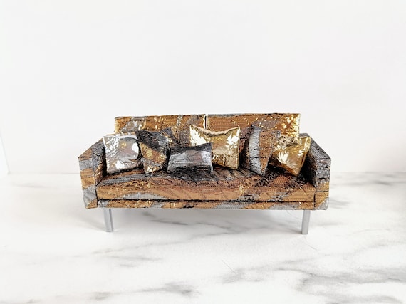 Modern dollhouse sofa 1/12 1:12. Luxury asian inspired jaquard upholstery couch gold, copper and silver metallic Handmade fabric miniature by MiniaturesbyMoon
