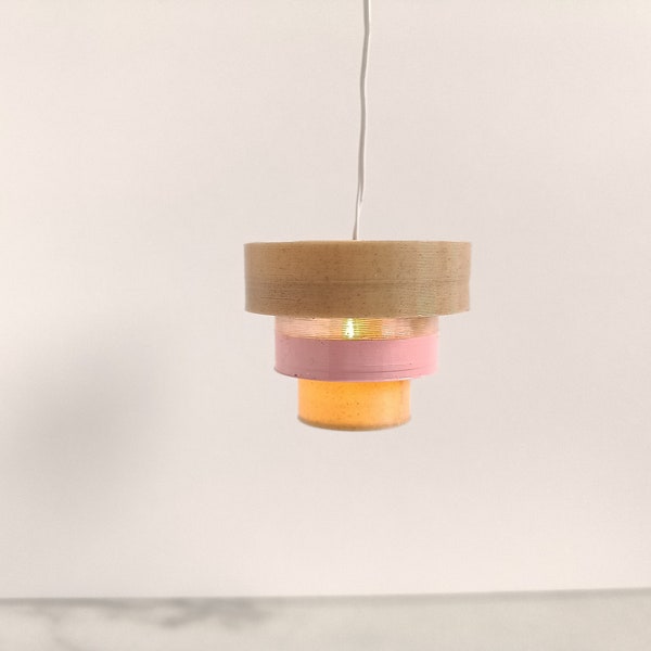 Modern dollhouse layered chandelier 1/12 1:12 Pendant light lampshade wood pink led battery lamp miniature lighting