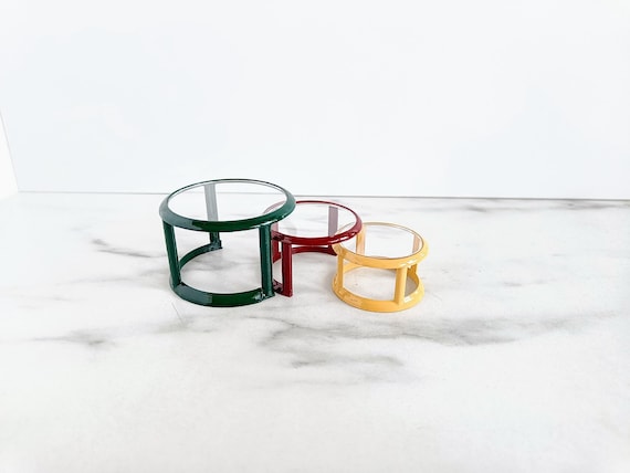 Modern dollhouse sidetables nesting tables. Green yellow red glass tables 1:12 1/12 contemporary miniature livingroom coffee table by MiniaturesbyMoon