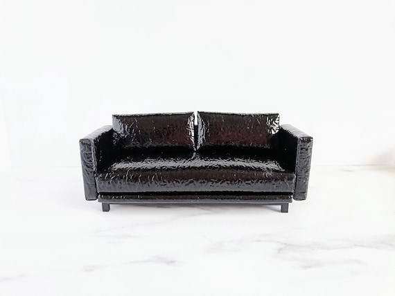 Modern dollhouse sofa 1:12 1/12. Black patent leather sofa. High gloss upholstered handmade couch. Design sofa. Miniature leather seat by MiniaturesbyMoon