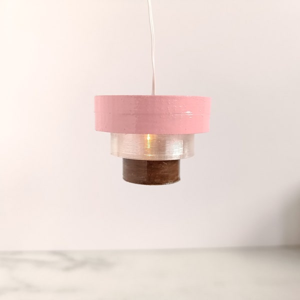 Modern dollhouse layered chandelier 1/12 1:12 Pendant light lampshade wood pink led battery lamp miniature lighting