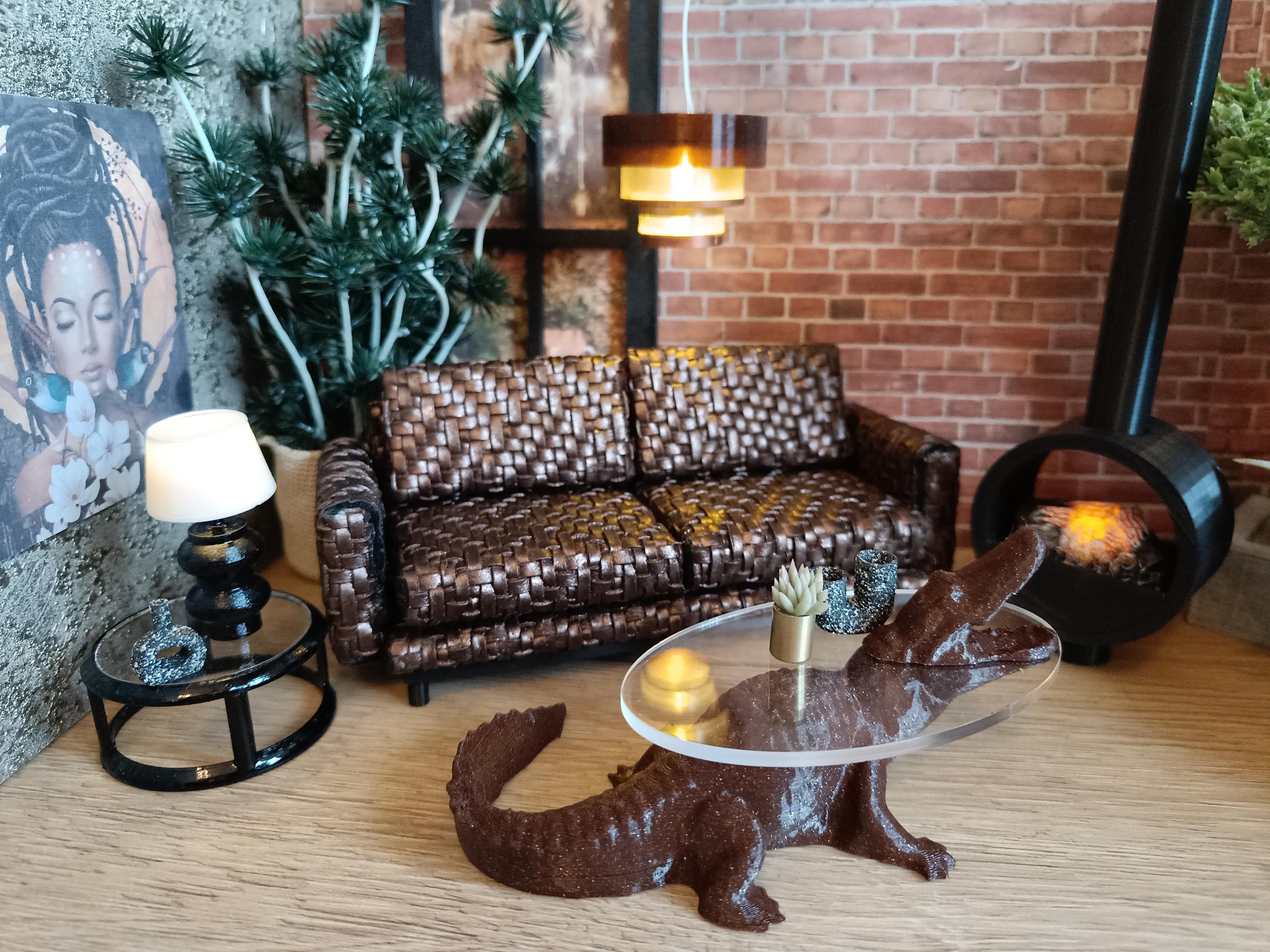 Dollhouse Glass Side Table Crocodile. Coffee Table Animal Brown