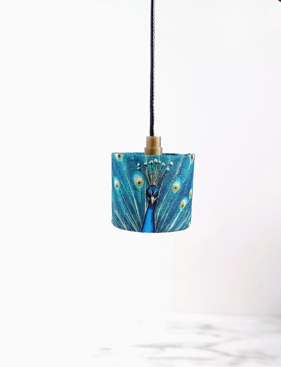 Dollhouse Pendant Light 1:12, Peacock Fabric Shade, Magnetic LED battery. Modern handmade fabric lampshade. Pendant lamp. Blue yellow by MiniaturesbyMoon