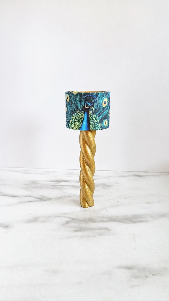 1:12 Dollhouse Floor Lamp, Working Miniature Lamp, Gold Twisted Tube, Magnetic Dollhouse Lighting peacock print fabric by MiniaturesbyMoon