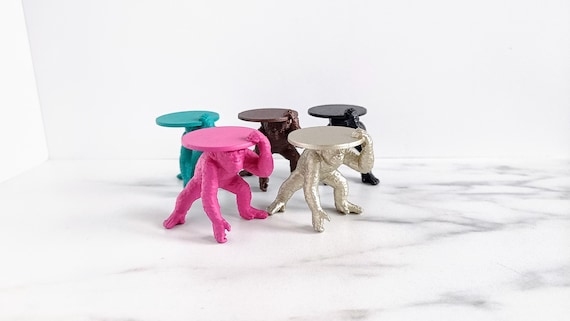 Modern dollhouse furniture monkey gorilla sidetable. Aqua, black, gold, pink, brown animal table 1:12 1/12. funky design by MiniaturesbyMoon