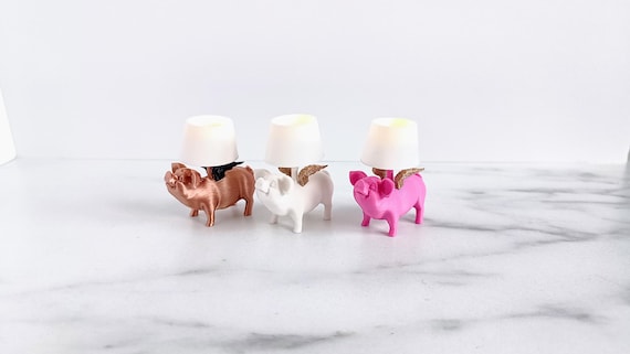 Modern dollhouse lighting table lamp 'when pigs fly'.  Led on battery. Animal pig lamp wireless - pink white gold, copper working light 1/12 by MiniaturesbyMoon