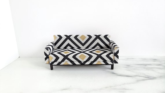 Modern dollhouse sofa 1/12 1:12. Luxury art deco inspired jaquard upholstery couch gold metallic, white, black - Handmade fabric miniature by MiniaturesbyMoon