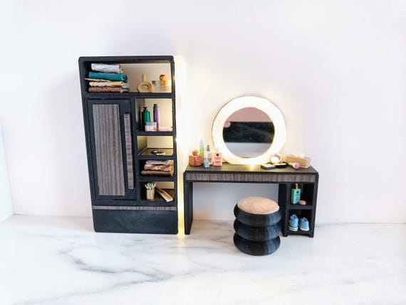 Modern dollhouse vanity mirror with light and wardrobe black with LED light battery. Handmade 1:12 hollywood dressing table bedroom make-up by MiniaturesbyMoon