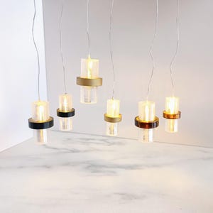 Modern hanging lamp set 1:12 1/12. Design pendant lights. Working dollhouse LED on battery. Lampshade set in gold, brown, black. Chandeliers