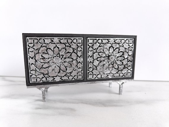 Modern dollhouse furniture. Silver asian oriental inspired credenza cabinet. Buffet cabinet 1/12 1:12 with black trim by MiniaturesbyMoon