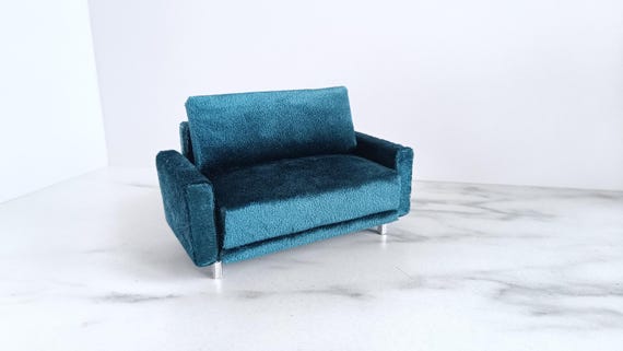 Modern sofa in petrol blue velvet and silver legs. Handmade upholstered fabric miniature couch 1:12 1/12 dollhouse design furniture by MiniaturesbyMoon