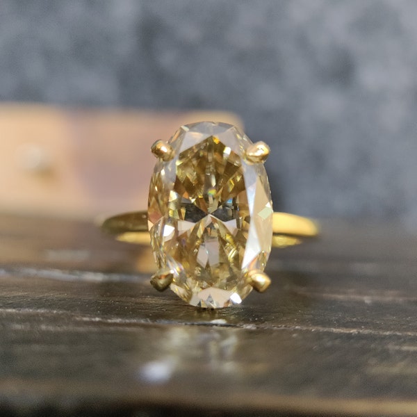 6CT Iced Crush Canary Yellow Oval Moissanite Engagement Ring / Solitaire Moissnite Wedding Ring / 14K Solid Gold  Hidden halo Bridal Ring