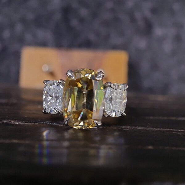 Three Stone Cushion Moissanite Engagement Ring / Yellow Moissanite Bridal Ring/ 14K Gold Anniversary Ring