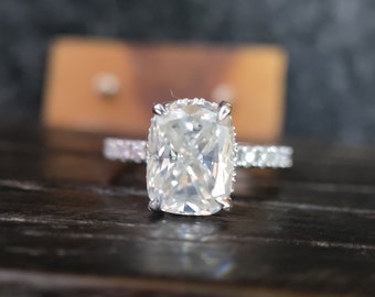 11 x 8mm Ice Crushed Cushion Diamond Engagement Ring / Hiden Halo 3/4 Eternity Wedding Ring /14K White Gold Anniversary Ring For Women