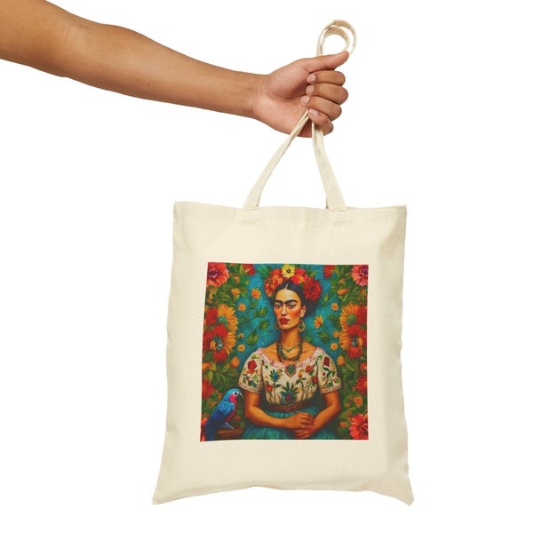 Frida Kahlo and Parrot Bird Mexican Folk Art Cotton Canvas Tote Bag