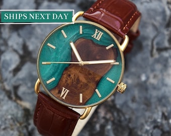 ENGRAVED WOOD WATCH - First Anniversary Gift For Husband - Resin Wooden Watch For Men - Birthday Gift For Him - Groomsmen Gifts Personalized