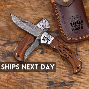 Fathers Day Gift from Daughter Father&#39;s Day Gift from Wife Personalized Damascus Engraved Pocket Knife Gift First Fathers Day Gift from Kids
