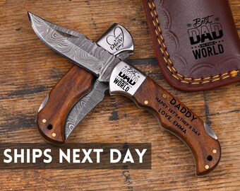 Fathers Day Gift from Daughter Father's Day Gift from Wife Personalized Damascus Engraved Pocket Knife Gift First Fathers Day Gift from Kids