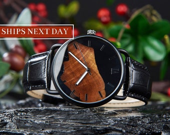 MONTRE EN BOIS GRAVÉ - Cadeau de premier anniversaire pour mari - Montre en bois en résine pour homme - Cadeau d'anniversaire pour lui - Cadeaux pour garçons d'honneur personnalisés